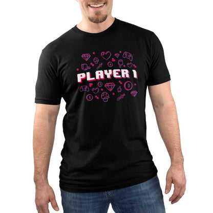 A man wearing a black tee with the words "Player 1" by TeeTurtle.
