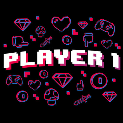 A pixelated image of the word "Player 1" featured on a TeeTurtle T-shirt.