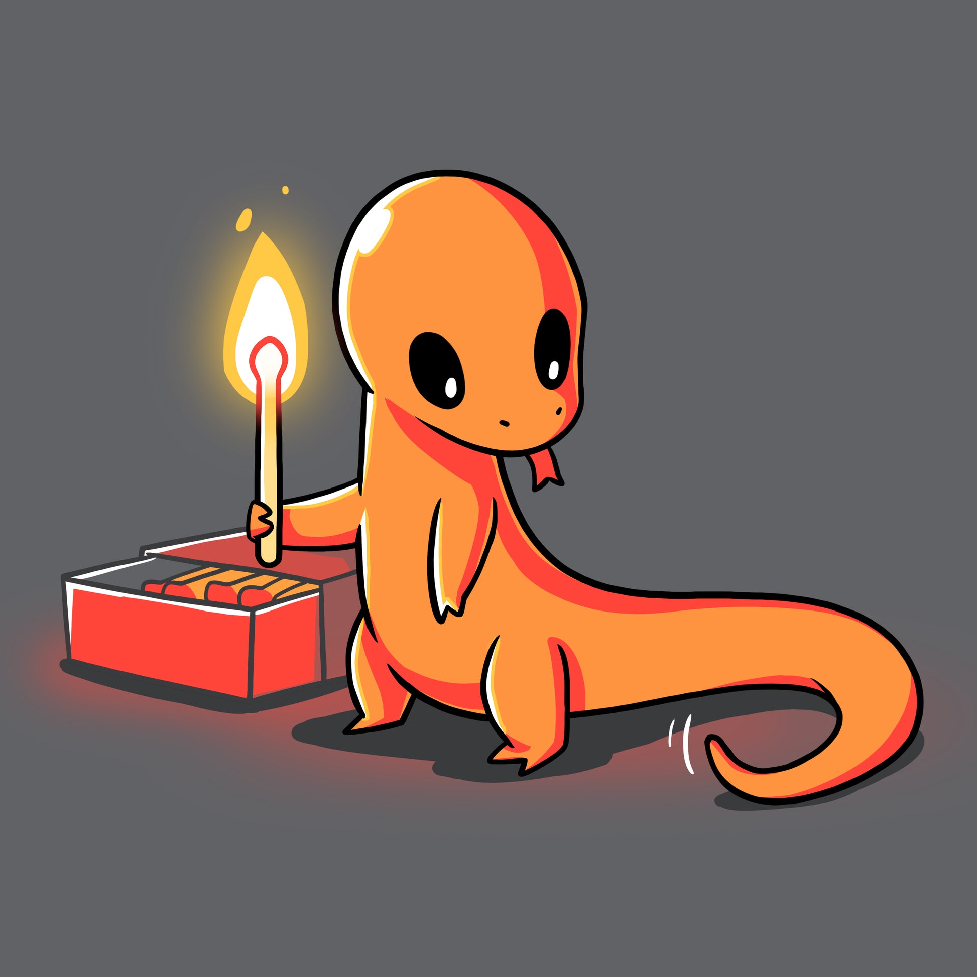 A TeeTurtle original design depicting the Playing With Fire, a small orange lizard holding a candle.