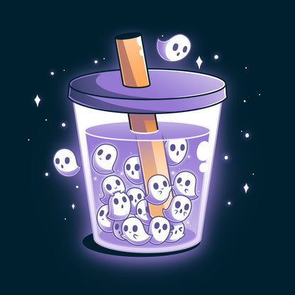 Premium Cotton T-shirt_TeeTurtle navy blue Poltergeist Pearls apparel featuring a cup of boba tea with ghosts instead of boba pearls.