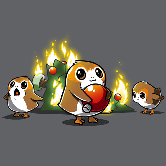 A group of A Porg Christmas standing in front of a fire, wearing Star Wars T-shirts.