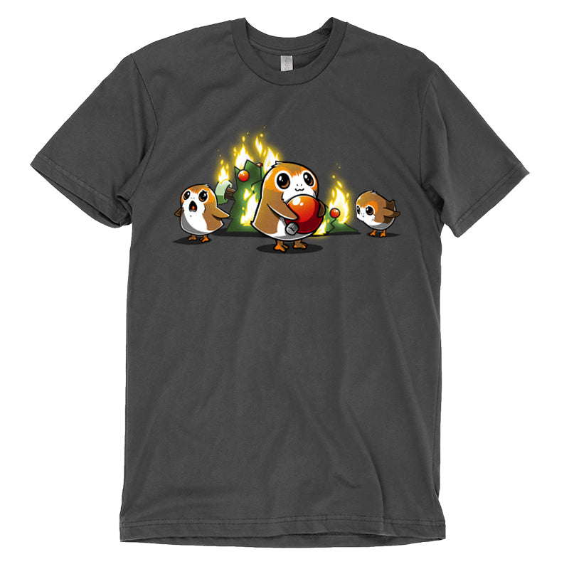 A black Star Wars t-shirt with an image of a bird engulfed in fire has been replaced by A Porg Christmas shirt from the Star Wars brand.