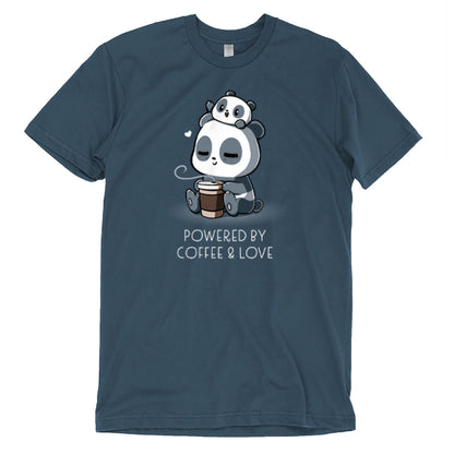 A coffee-loving panda bear donning a T-shirt with the phrase "Powered by Coffee & Love" by TeeTurtle.