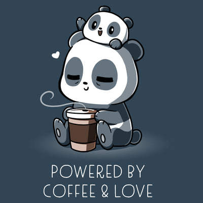 Premium Cotton T-shirt_Teeturtle denim blue Powered by Coffee & Love apparel  featuring a sleepy panda holding a coffee cup with a smaller panda on its head. Text below reads, "Powered by Coffee & Love." 