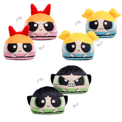 Powerpuff Girls 4-inch reversible plush bundle featuring Blossom, Bubbles, and Buttercup, each shown with both reversible facial expressions.