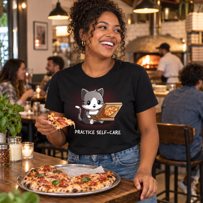 Women's Premium T-Shirt_TeeTurtle black Practice Self-Care Women's Premium T-Shirt featuring a happy gray-and-white cat holding an open pizza box with a pepperoni pizza and the text "Practice Self-Care."