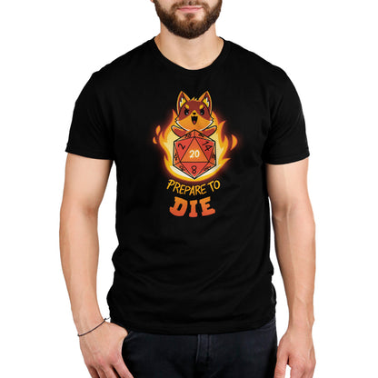 A man wearing a black t-shirt with the word "die" on it, designed by TeeTurtle featuring their Prepare to Die (D20) product.