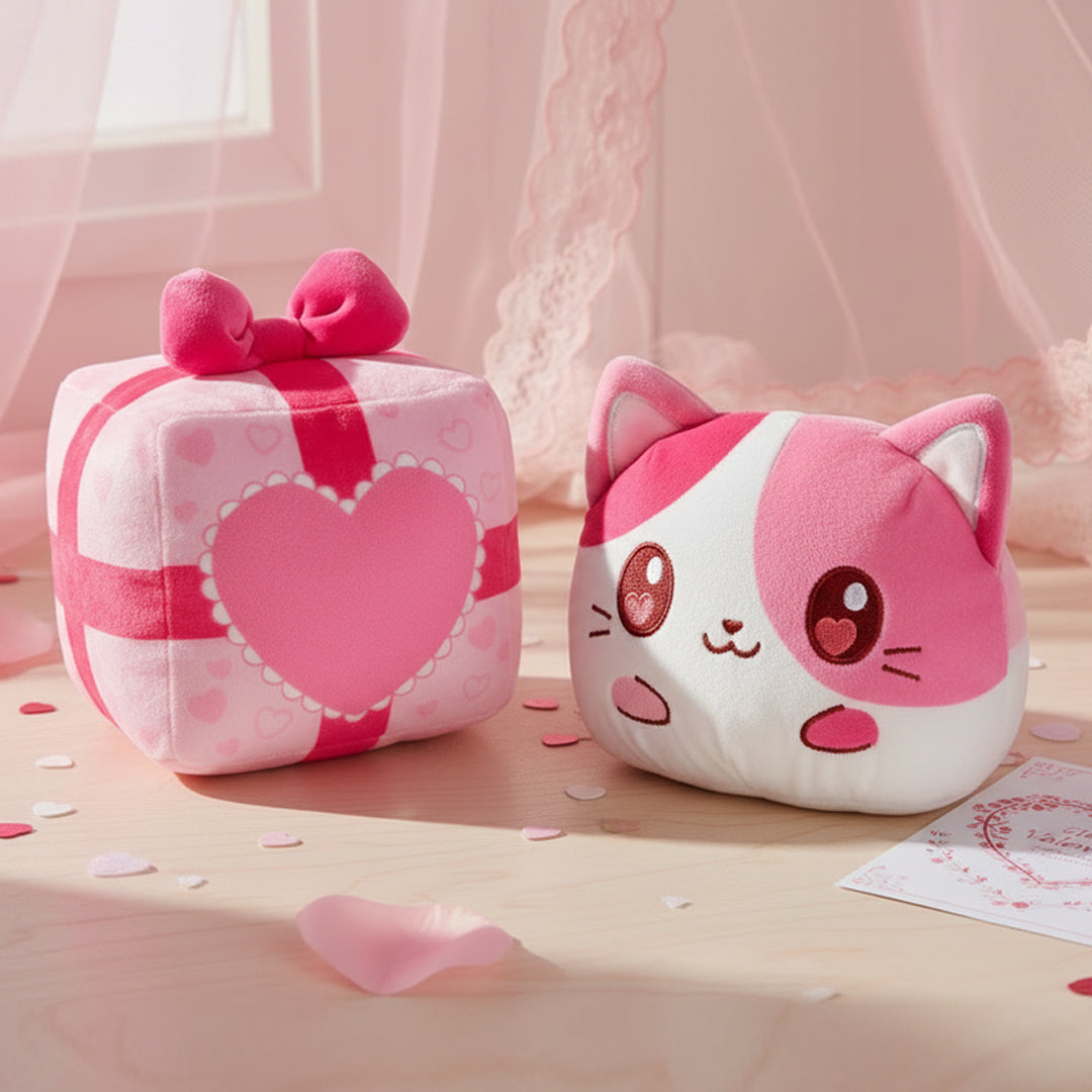 Valentine Present Cat 4" Reversible Plushie surrounded by paper hearts, and a card with lace curtains in the background