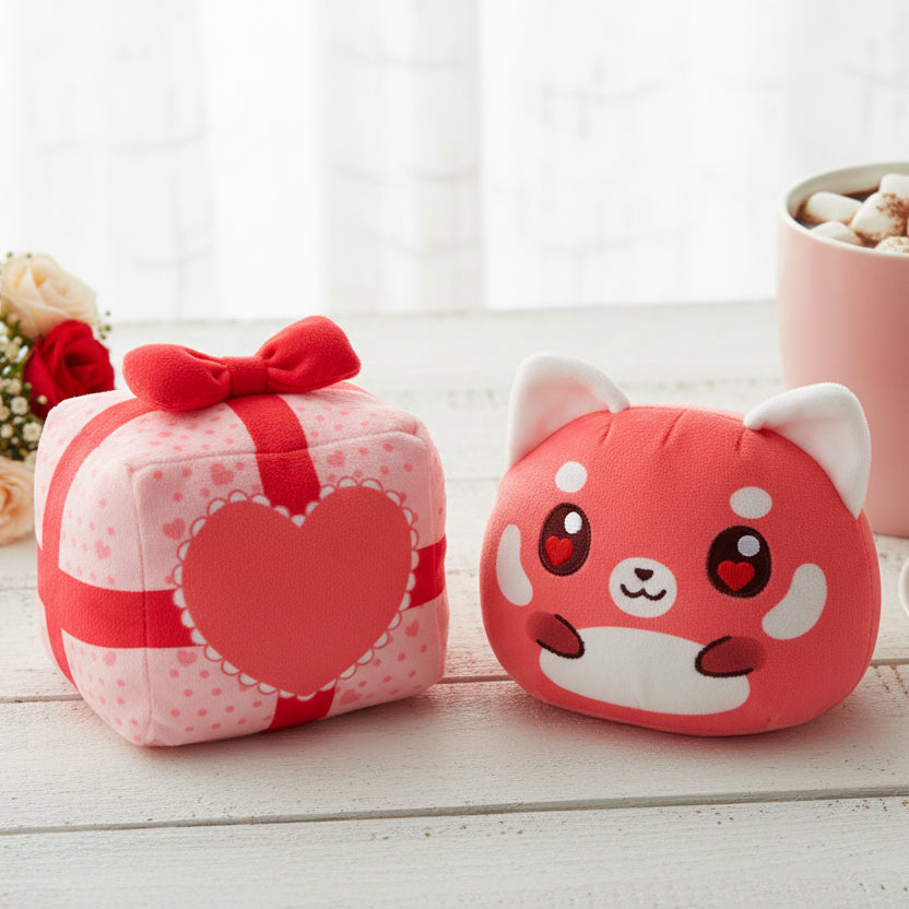 Valentine Present Red Panda 4" Reversible Plushie on a shelf surrounded by roses, and a cup of hot cocoa