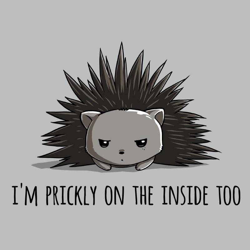 Premium Cotton T-shirt_TeeTurtle Prickly on the Inside silver gray t-shirt featuring a grey porcupine looking slightly annoyed with the text "I'm prickly on the inside too" below in this sarcastic animal design. 