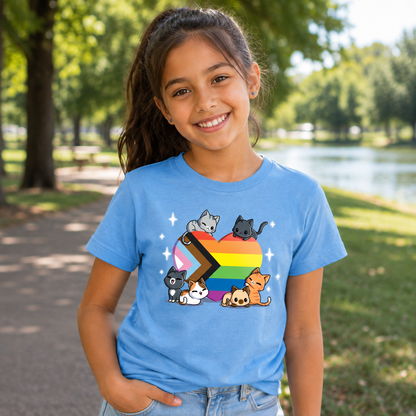 Premium Cotton T-shirt_TeeTurtle light blue Progress Purride Premium Cotton T-shirt featuring six different cats on or around a heart that is the colors of the progress pride flag. There are sparkles around them and all the cats look happy. 