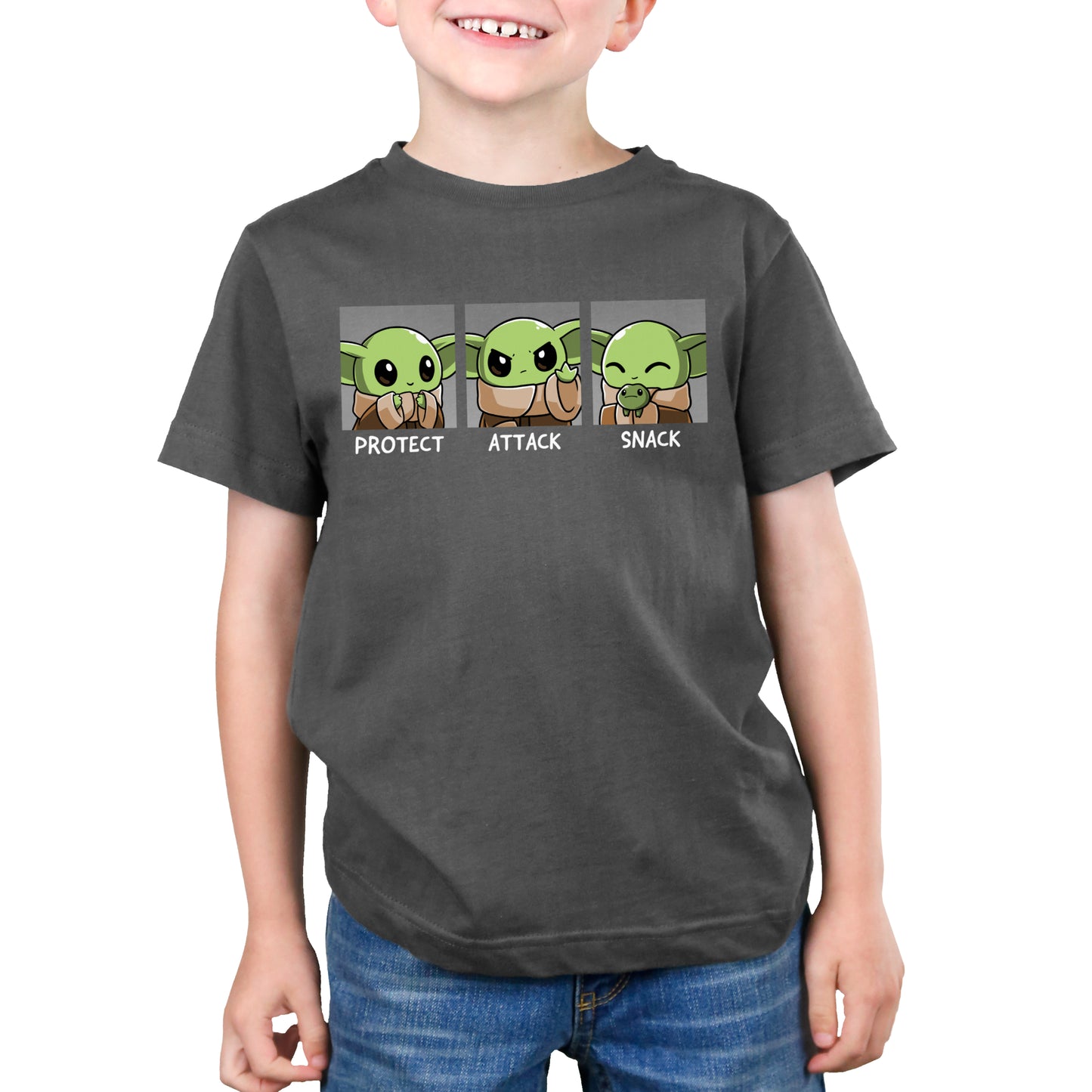 The Star Wars child yoda t-shirt is designed to Protect, Attack, and Snack.