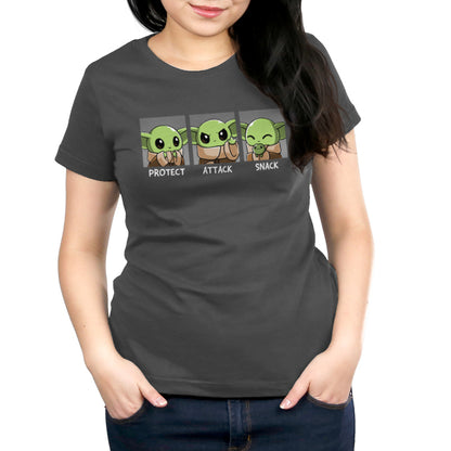 An officially licensed women's T-shirt featuring three adorable Star Wars Grogu designs called Protect, Attack, Snack.