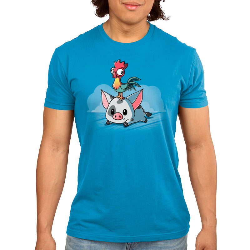 A man wearing a Disney Pua and Hei Hei blue t-shirt.