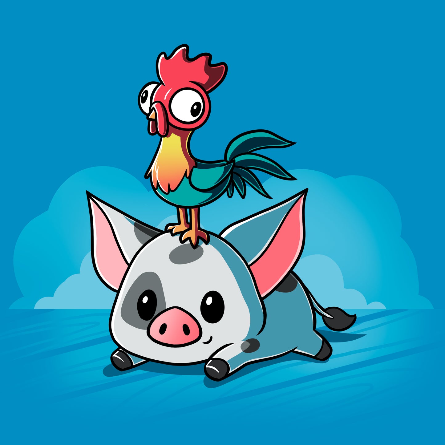 A Disney licensed cartoon pig named Pua on top of a rooster named Hei Hei.