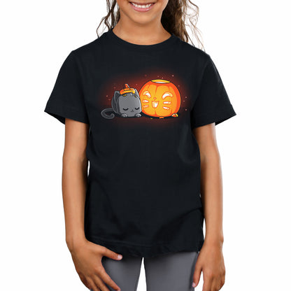 A festive girl wearing a TeeTurtle black t-shirt with an image of a Pumpkin Carver and a cat celebrates.