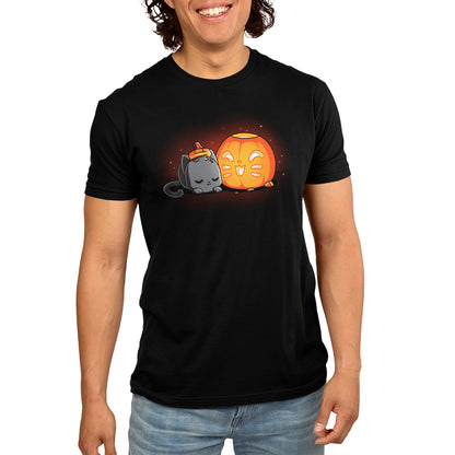 A man wearing a TeeTurtle festive t-shirt with a cat and Pumpkin Carver on it.