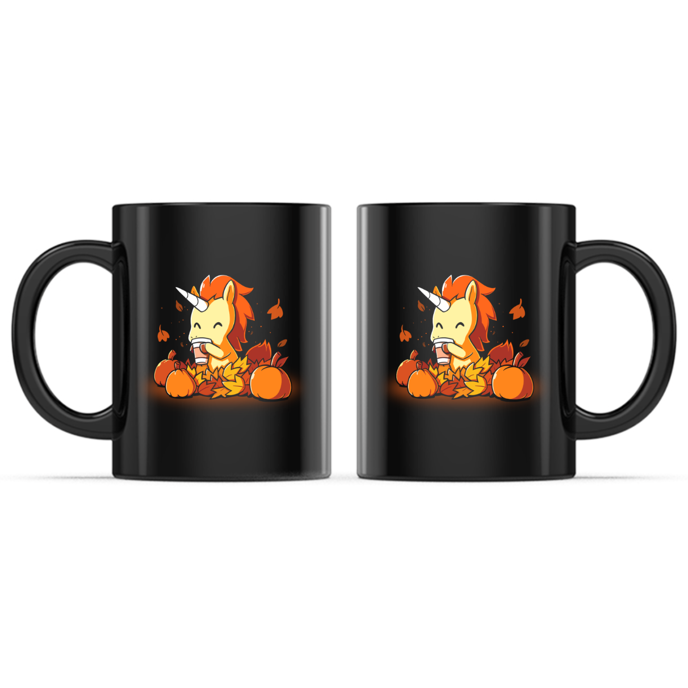 Ceramic Mug_TeeTurtle Pumpkin Spice Unicorn black mug featuring a smiling unicorn enjoying a warm pumpkin spice drink while sitting among pumpkins and colorful autumn leaves with leaves drifting through the air.