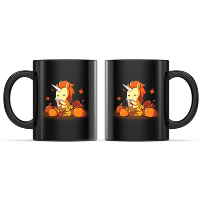 Ceramic Mug_TeeTurtle Pumpkin Spice Unicorn black mug featuring a smiling unicorn enjoying a warm pumpkin spice drink while sitting among pumpkins and colorful autumn leaves with leaves drifting through the air.