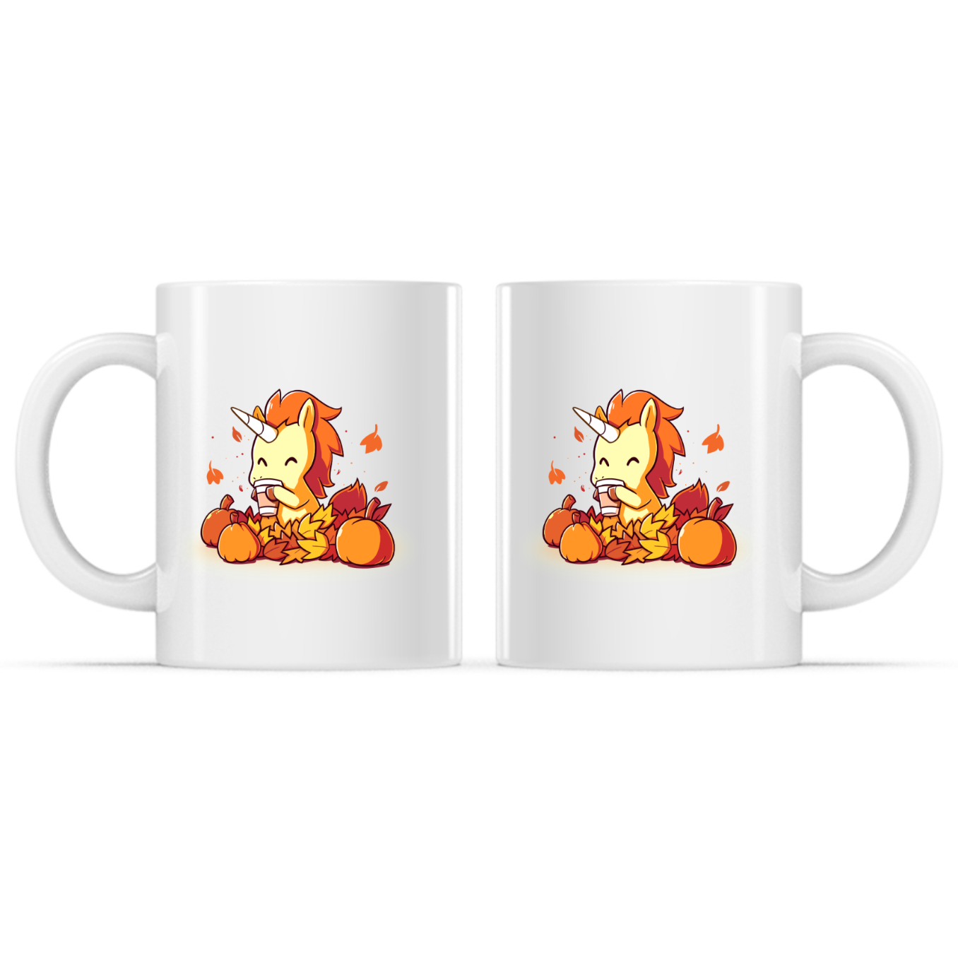 Ceramic Mug_TeeTurtle Pumpkin Spice Unicorn white mug featuring a smiling unicorn enjoying a warm pumpkin spice drink while sitting among pumpkins and colorful autumn leaves with leaves drifting through the air.