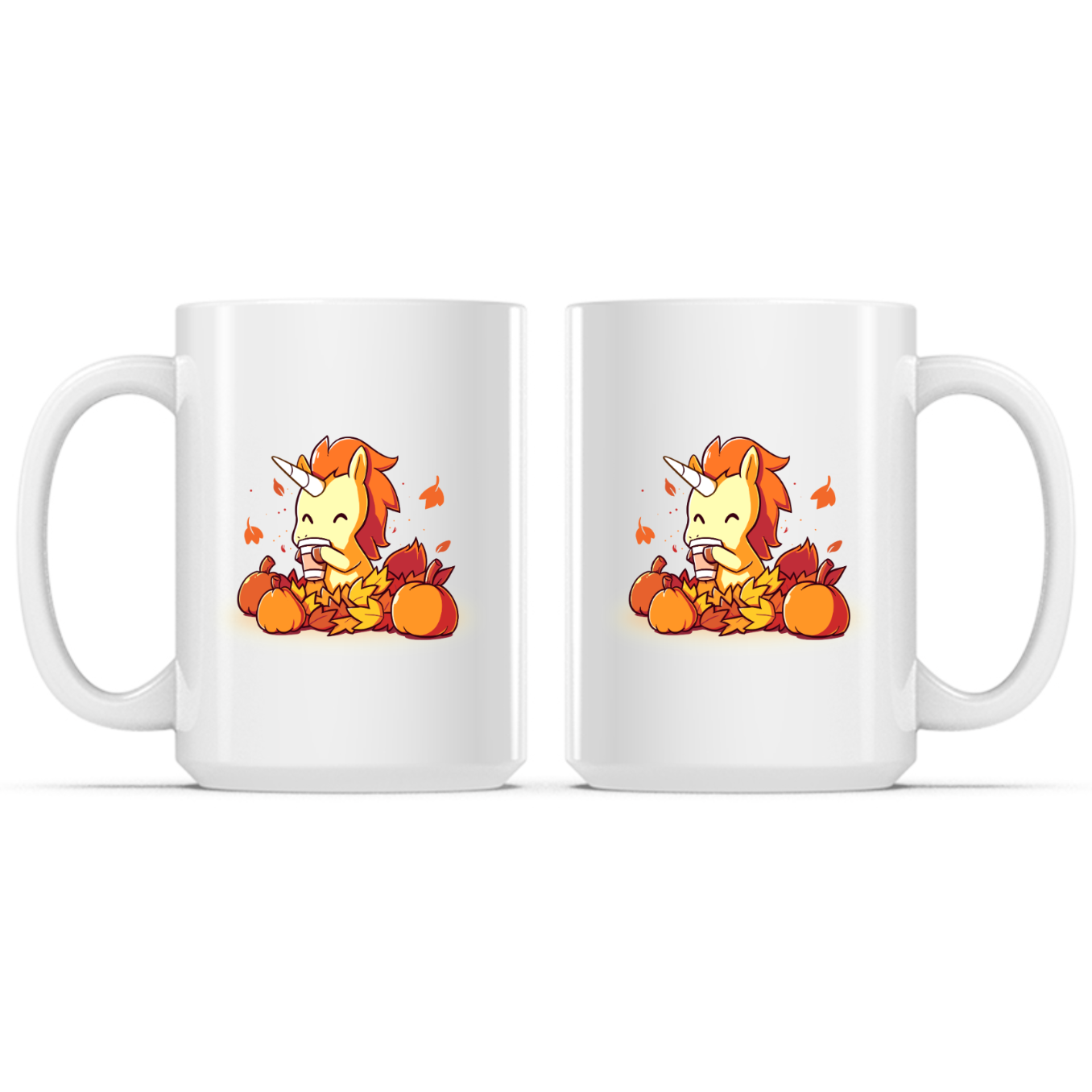 Ceramic Mug_TeeTurtle Pumpkin Spice Unicorn white mug featuring a smiling unicorn enjoying a warm pumpkin spice drink while sitting among pumpkins and colorful autumn leaves with leaves drifting through the air.
