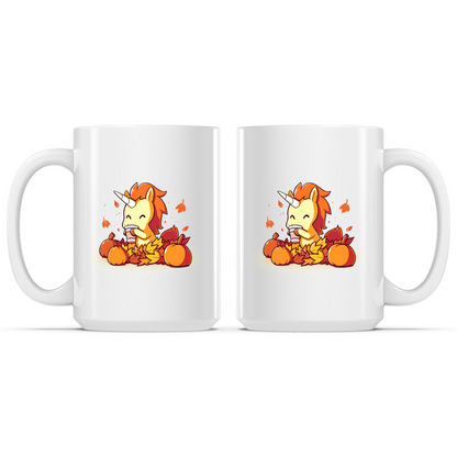 Ceramic Mug_TeeTurtle Pumpkin Spice Unicorn white mug featuring a smiling unicorn enjoying a warm pumpkin spice drink while sitting among pumpkins and colorful autumn leaves with leaves drifting through the air.
