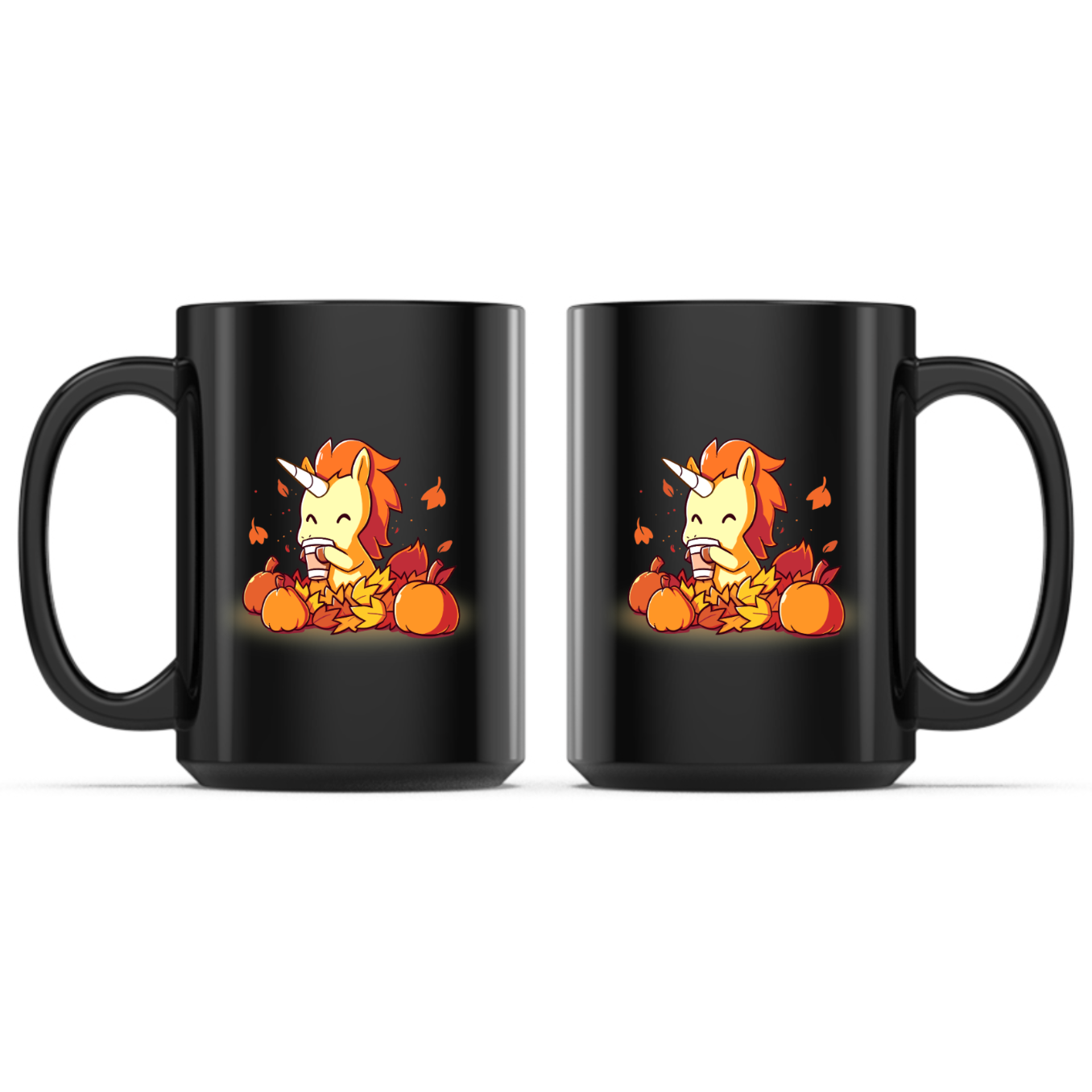 Ceramic Mug_TeeTurtle Pumpkin Spice Unicorn black mug featuring a smiling unicorn enjoying a warm pumpkin spice drink while sitting among pumpkins and colorful autumn leaves with leaves drifting through the air.