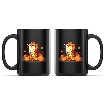 Ceramic Mug_TeeTurtle Pumpkin Spice Unicorn black mug featuring a smiling unicorn enjoying a warm pumpkin spice drink while sitting among pumpkins and colorful autumn leaves with leaves drifting through the air.
