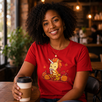 Men's Premium T-Shirt_TeeTurtle red Pumpkin Spice Unicorn Men's Premium T-Shirt featuring a cute yellow unicorn with an orange mane drinking from a cup while sitting among pumpkins and colorful autumn leaves.