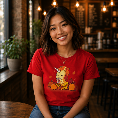 Women's Premium T-Shirt_TeeTurtle red Pumpkin Spice Unicorn Women's Premium T-Shirt featuring a cute yellow unicorn with an orange mane drinking from a cup while sitting among pumpkins and colorful autumn leaves.