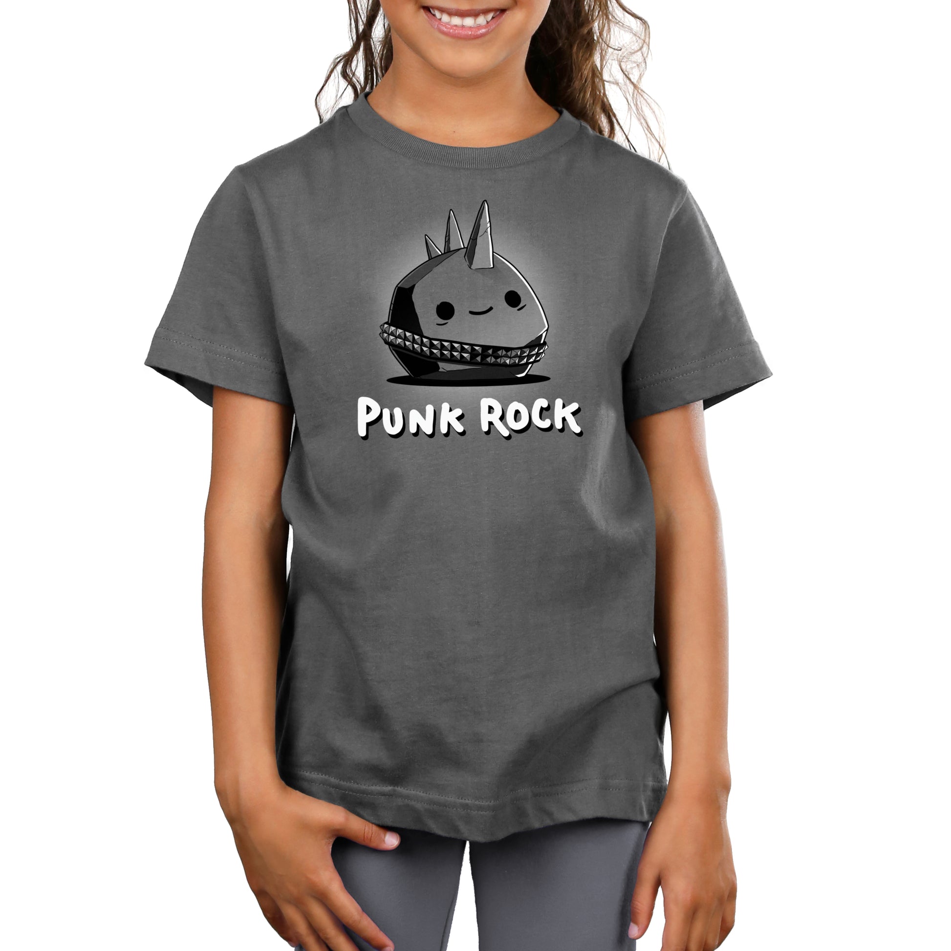 A girl wearing a TeeTurtle Punk Rock t-shirt.