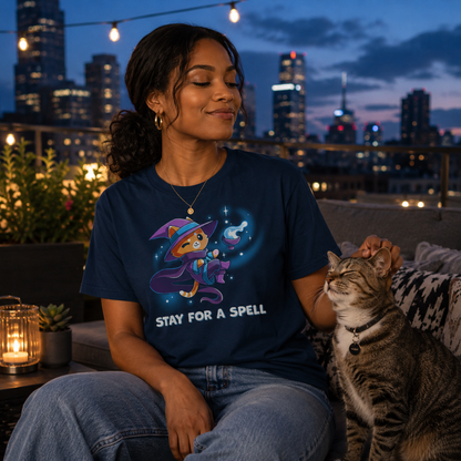 Premium Cotton T-shirt_TeeTurtle navy Stay For A Spell Premium Cotton T-shirt featuring an orange cat dressed as a witch, floating in space with a cauldron floating nearby. The cat is winking and the text at the bottom reads "Stay For A Spell" 