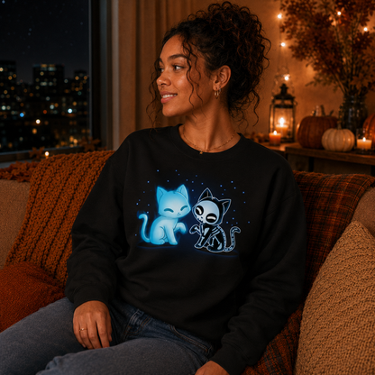 Crew Neck Sweatshirt_TeeTurtle black Purranormal Pals Crew Neck Sweatshirt featuring a glowing blue ghost cat sitting beside a smiling skeleton cat, surrounded by small blue stars.