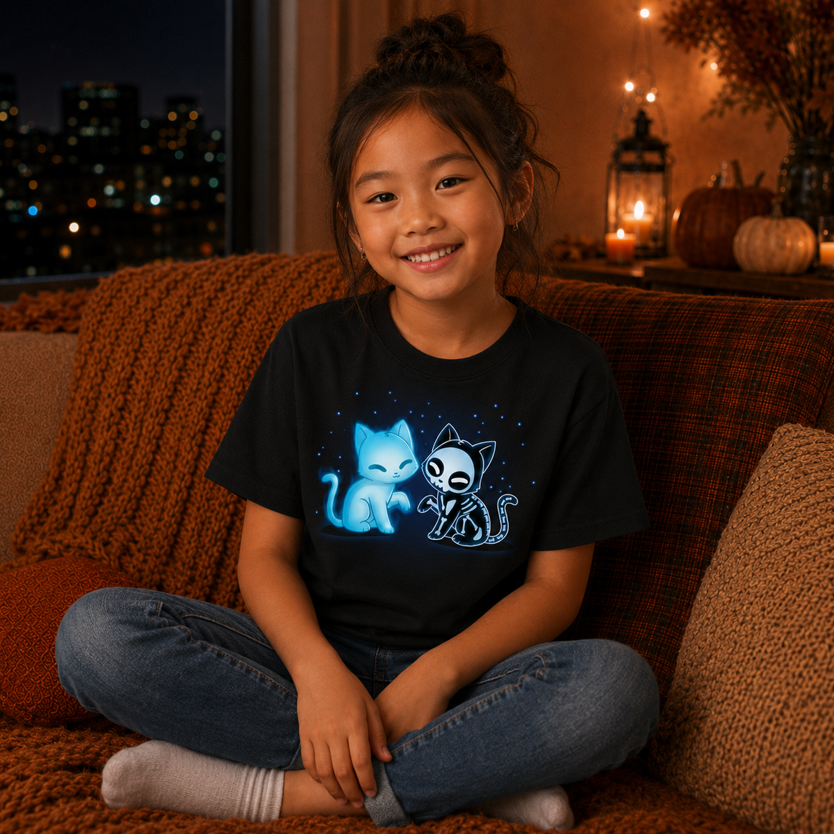 Kids' Classic T-shirt_TeeTurtle black Purranormal Pals Kids' Classic T-Shirt featuring a glowing blue ghost cat sitting beside a smiling skeleton cat, surrounded by small blue stars.