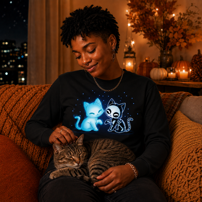 Long Sleeve T-shirt_TeeTurtle black Purranormal Pals Long Sleeve T-shirt featuring a glowing blue ghost cat sitting beside a smiling skeleton cat, surrounded by small blue stars.