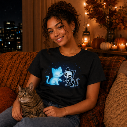 Women's Premium T-shirt_TeeTurtle black Purranormal Pals Women's Premium T-Shirt featuring a glowing blue ghost cat sitting beside a smiling skeleton cat, surrounded by small blue stars.
