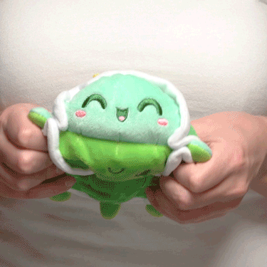 A woman holding a TeeTurtle Reversible Turtle Plushie (10th Anniversary Shell).
