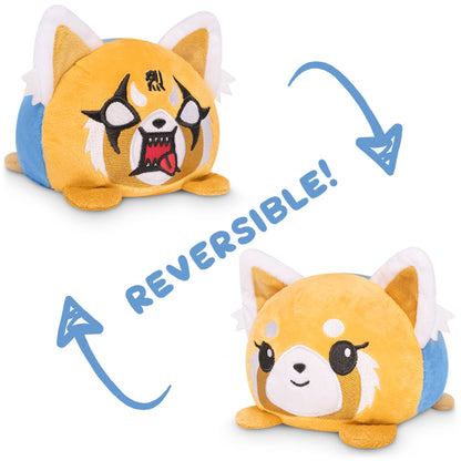 Two reversible TeeTurtle Aggretsuko plushies with the words "mood plushies" on them.
