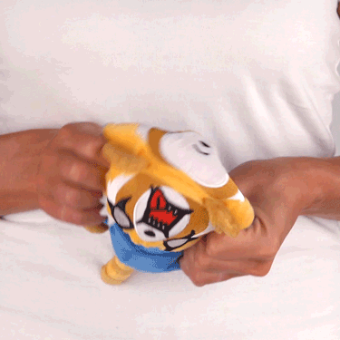 A woman holding a stuffed animal, specifically the Sanrio TeeTurtle Reversible Aggretsuko plushie.