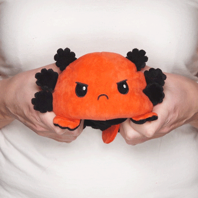 A person holding a TeeTurtle Reversible Axolotl Plushie (Black + Red) with an orange and black design.