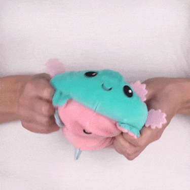 A person holding a TeeTurtle Reversible Axolotl Plushie (Pink + Aqua) by TeeTurtle.
