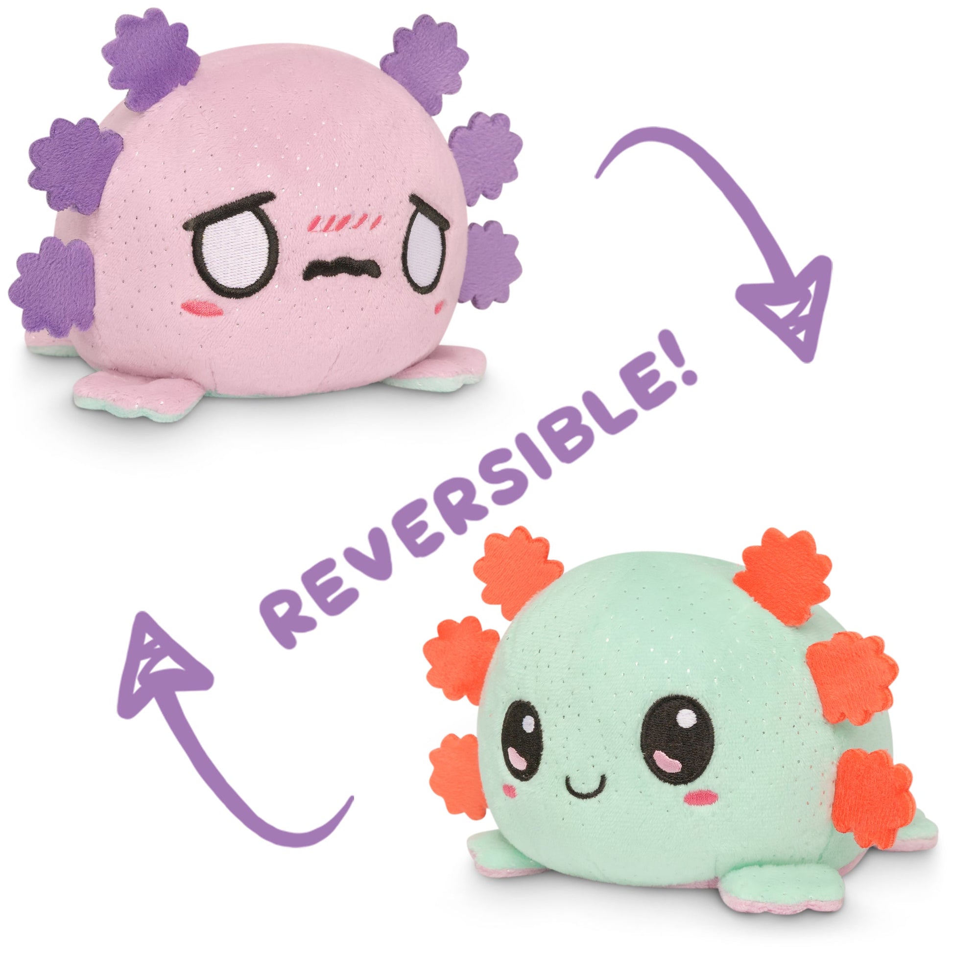 Two TeeTurtle Reversible Axolotl Plushies (Light Purple Sparkle + Aqua Sparkle).