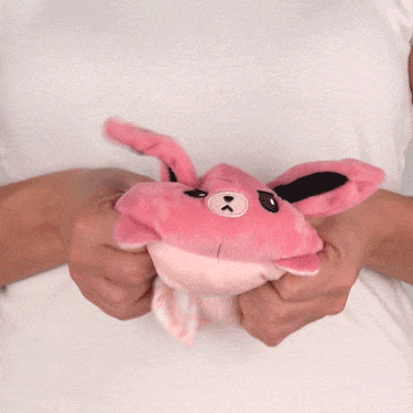 A woman holding a TeeTurtle Reversible Bunny Plushie (Floral Ears).