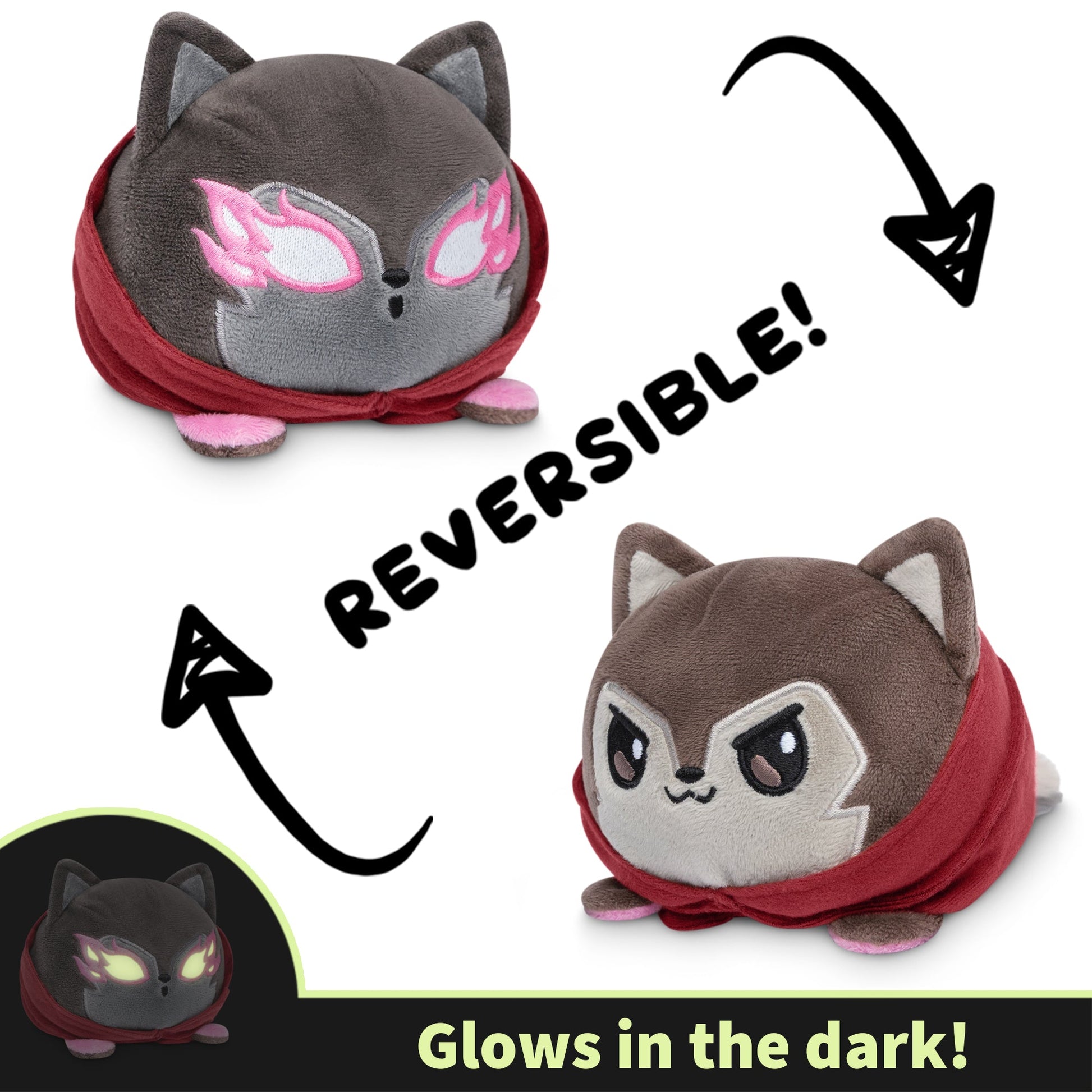 Image displaying a Casting Shadows: Nuzzle Thornwood & Nuzzle the Savage Reversible Plushie by Unstable Games that transforms from a gray cat with pink glasses and a cape to a brown cat, marked features indicate it glows in the dark.