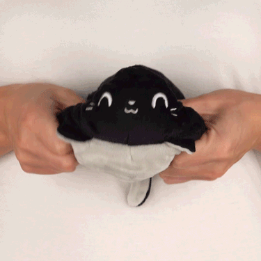 A person cuddling a TeeTurtle Reversible Cat Plushie (Gray + Black) stuffed animal plushie.