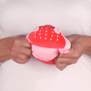 A woman holding a TeeTurtle Reversible Frog Plushie (Strawberry)