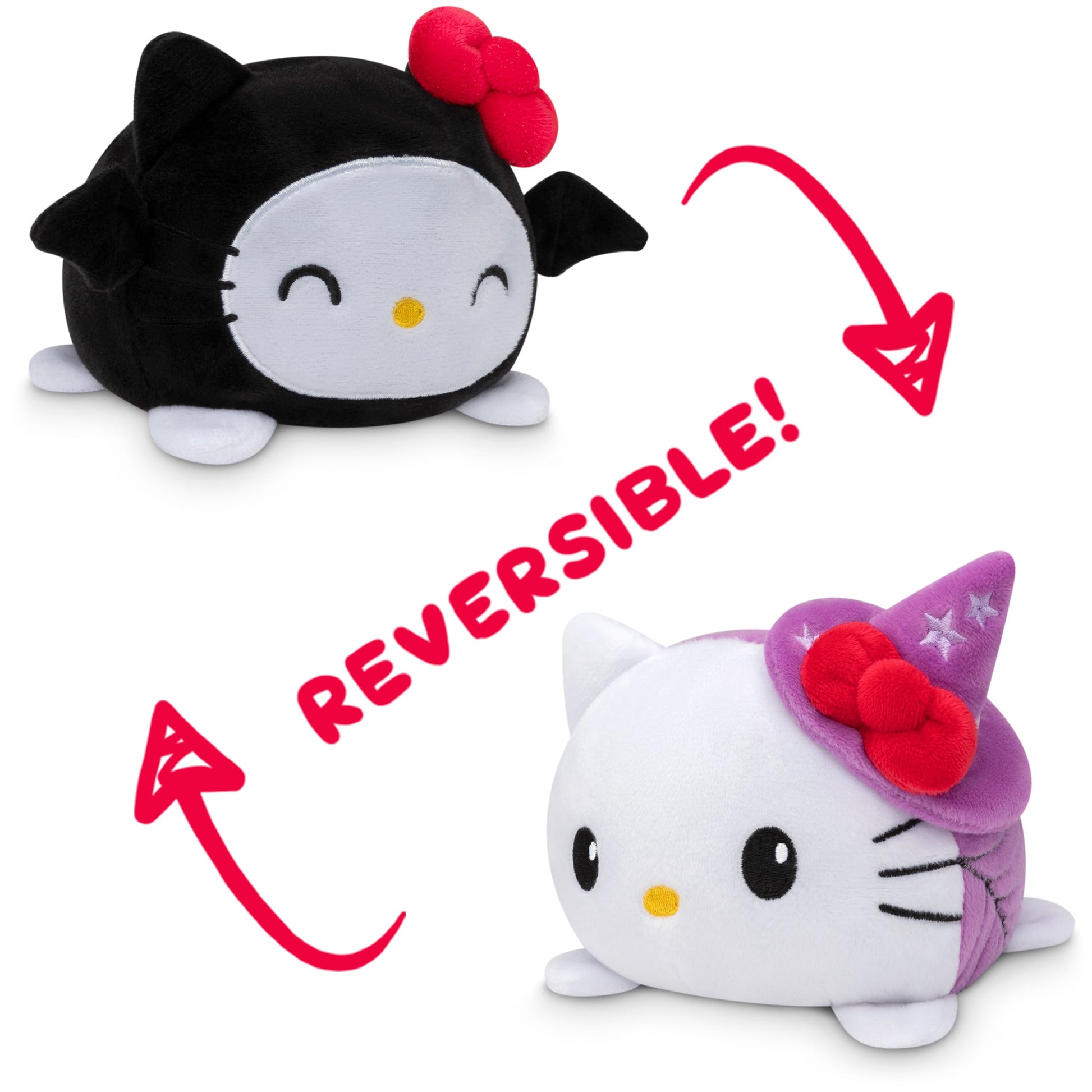 TeeTurtle Reversible Hello Kitty Plushies (Bat + Witch) by Sanrio are adorable and perfect for fans of the iconic character. These plushies feature a unique design that allows them to be flipped inside out, giving you two cute Hello Kitty looks in one.