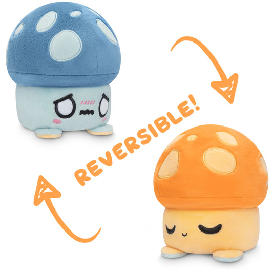 Two TeeTurtle Reversible Mushroom Plushies with the words TeeTurtle on them.