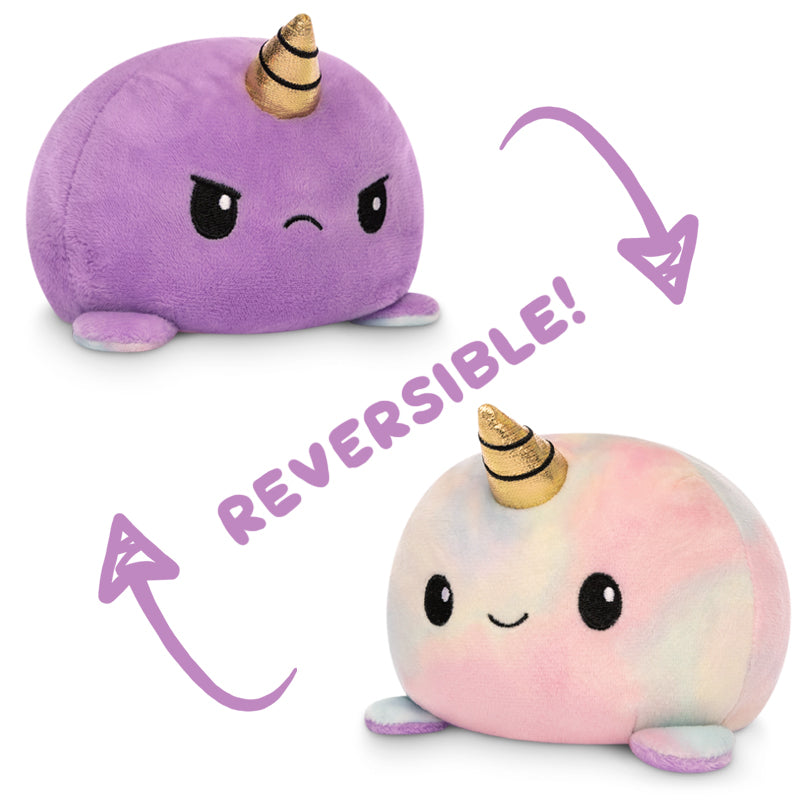 Two TeeTurtle Reversible Narwhal Plushies (Purple + Tie-Dye) with reversible design.