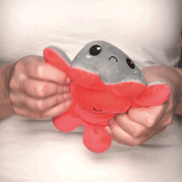 A woman holding a TeeTurtle Reversible Octopus Plushie (Red + Gray).